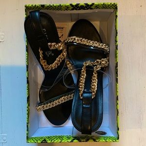 Size 10 Cape Robbin Clear Block Heels with Gold Chain Strap!